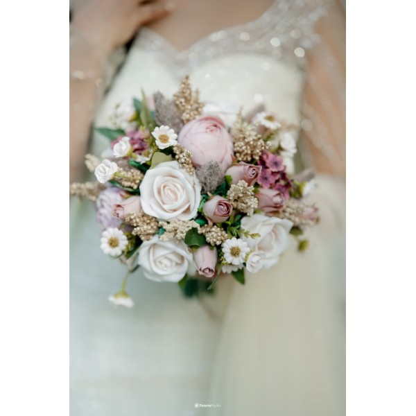 Artificial Bridal Bouquet with Blush Pink Roses and Cream Flowers