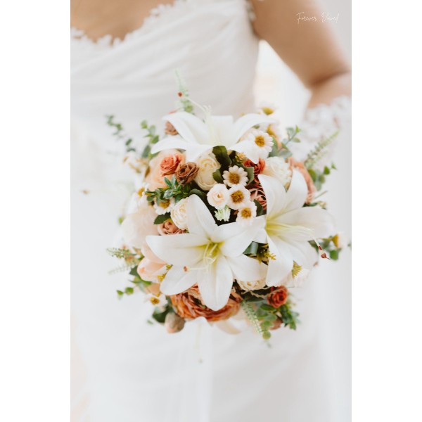 Artificial White Lily and Peach Rose Bridal Bouquet