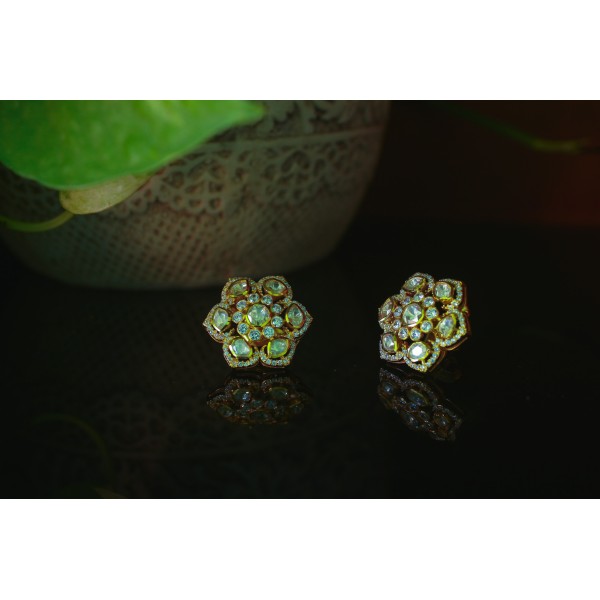 Silver Kundan Floral Stud Earrings with White Zircon