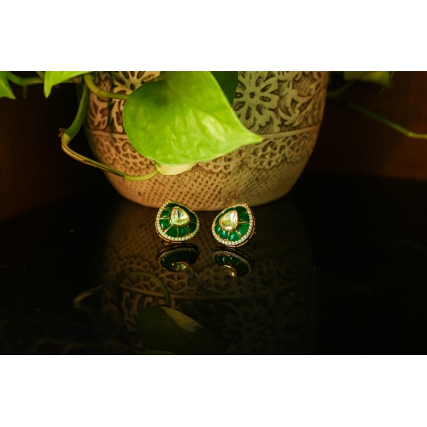 Silver Kundan Green Stone Studs