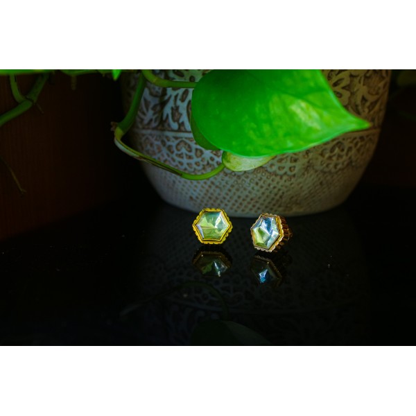 Silver Kundan Hexagon Studs with White Zircon