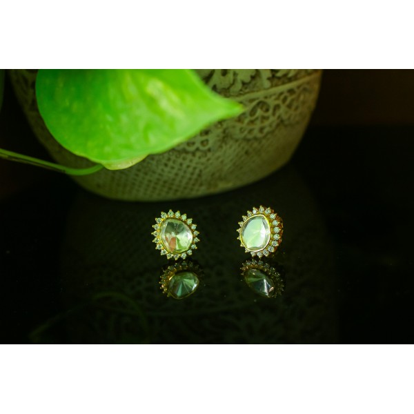 Silver Kundan Oval Stud Earrings with White Zircon