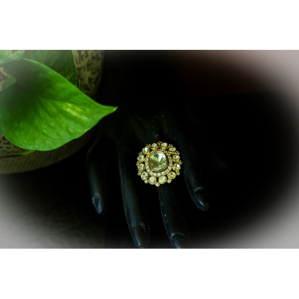 Silver Kundan Ring with Bold White Zircon